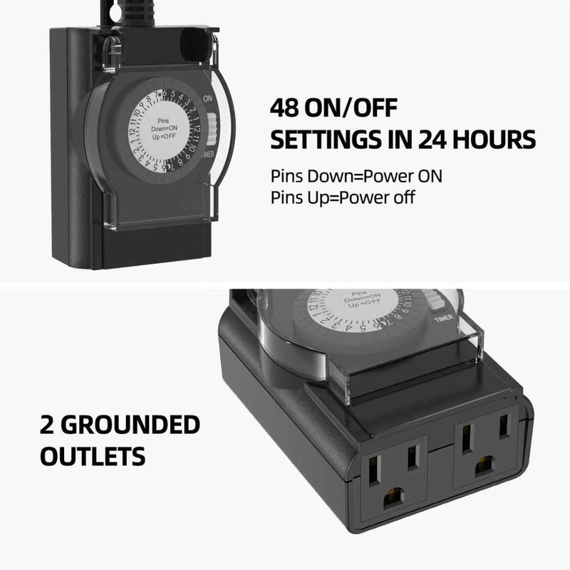 Tiffcofio Outdoor Timer Outlet Waterproof, 24 Hour Mechanical Light Timer Outdoor, 2 Grounded Outlets for Home and Garden, 15A 1/2HP, Heavy Duty, ETL Listed (2 Pack) - Image 2